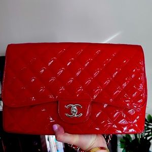 Chanel red patent jumbo single flap bag with silver hardware